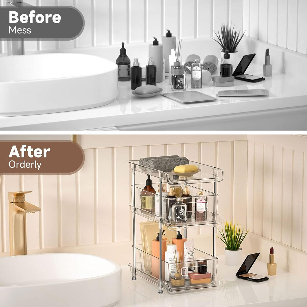 2Set 3 Tier Clear Bathroom Organizer with Dividers, Pull-Out Pantry Organizat...
