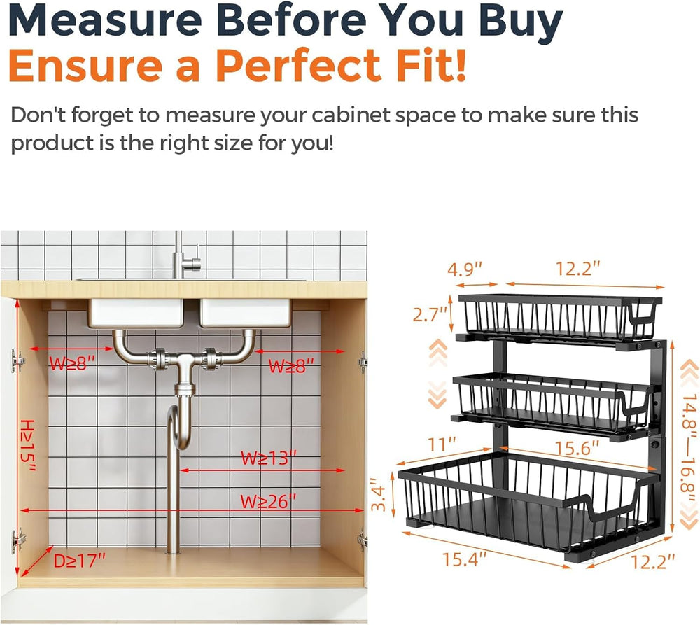 Under Sink Organizer, 2-Pack 3-Tier Height Adjustable Thickened Metal Pull ou...