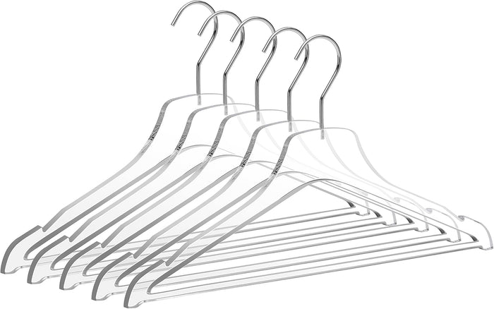 Quality Acrylic Clear Lucite Hangers Chrome Hooks for Clothes, Pants, Suit Jackets, Coats, and Shirts, Closet and Wardrobe Organization (Chrome/Gloss Silver Hook, 90)