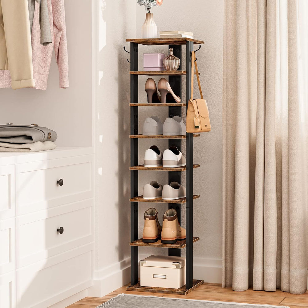 HOOBRO 8 Tiers Vertical Shoe Rack, Wooden Shoe Storage Organizer with Hooks, ...