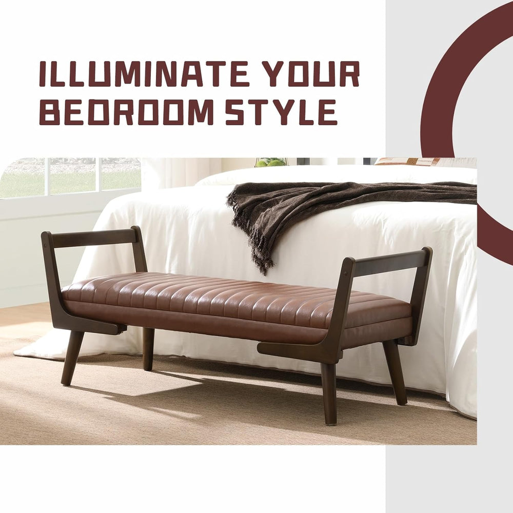 52" Upholstered Bench, Brown Faux Leather, Walnut Legs