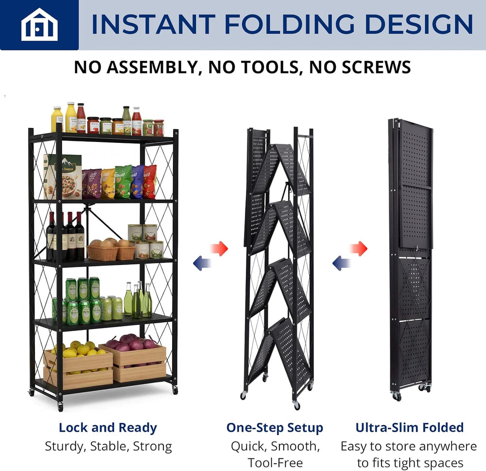 5 Tier Foldable Storage Shelf with Wheels, Heavy-Duty Metal Shelving Unit, No...