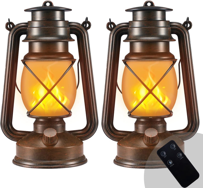 Outdoor Lanterns Waterproof Hanging Vintage LED Camping Lamps with Dancing Flame Non-Solar Remote Control Light Landscape Decor for Table Patio Garden Yard Pathway Porch 2Pack (3AA Batteries Power)