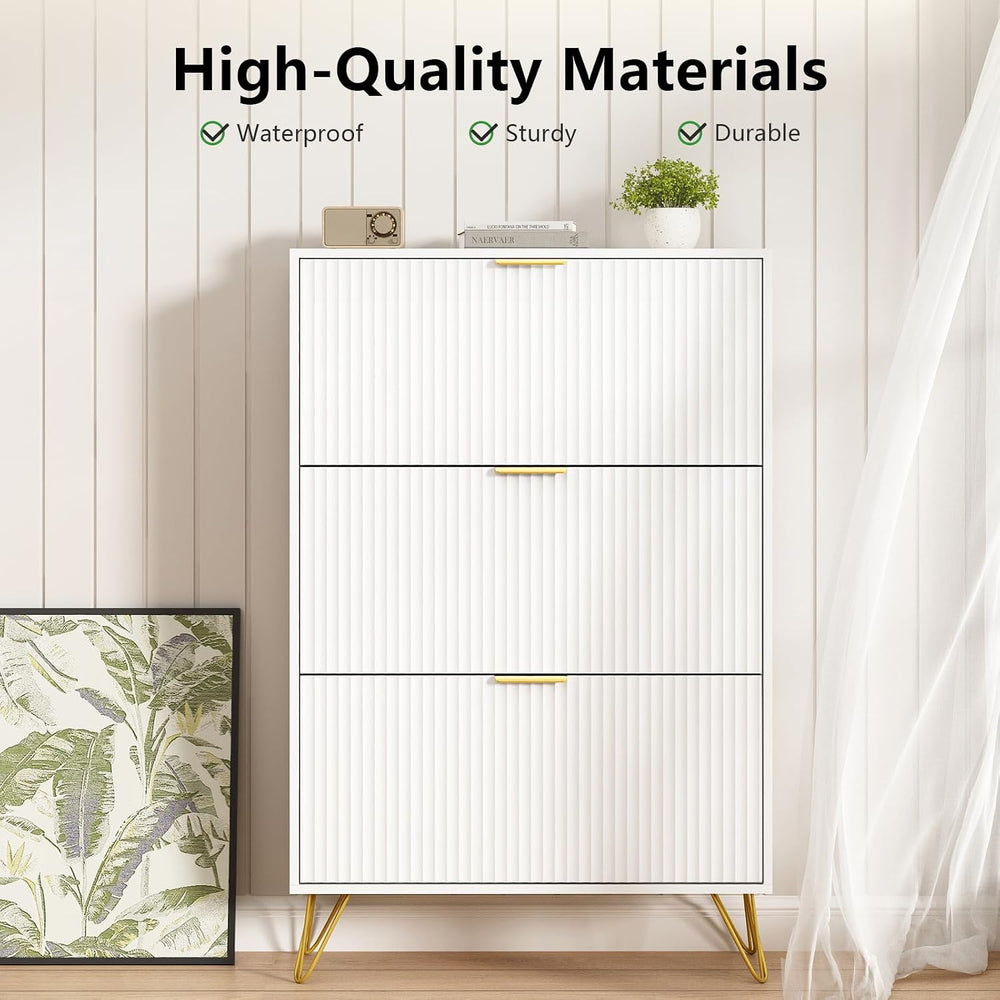 48"H Fluted Shoe Storage Cabinet with 3 Flip Drawers for Entryway, White