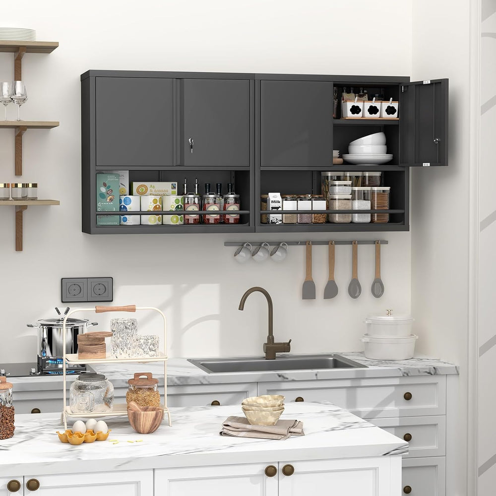 Locking Metal Wall Mounted Garage Storage Cabinet with Doors and Shelves