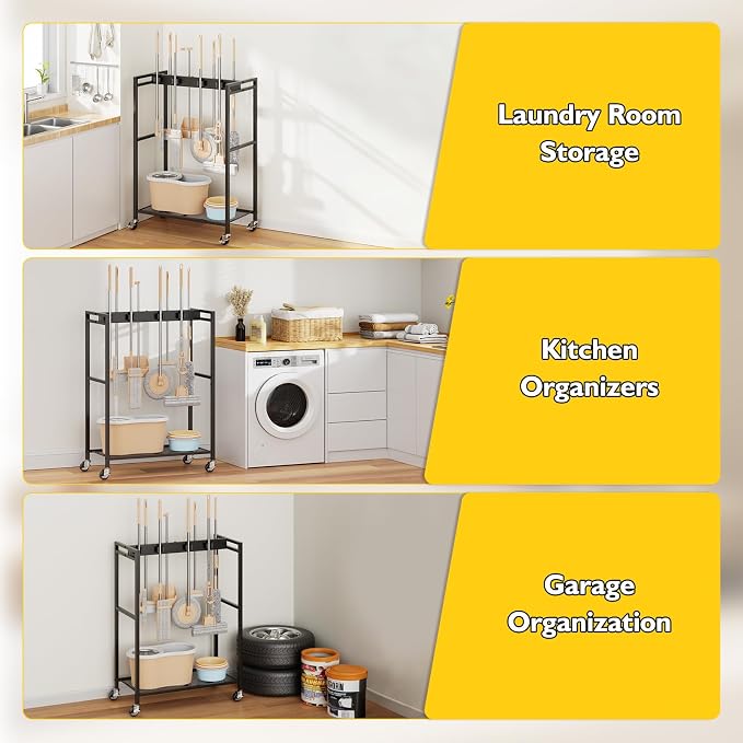 BORISI Broom And Mop Holder, Movable Broom Closet Storage Cabinet, Cleaning Cart