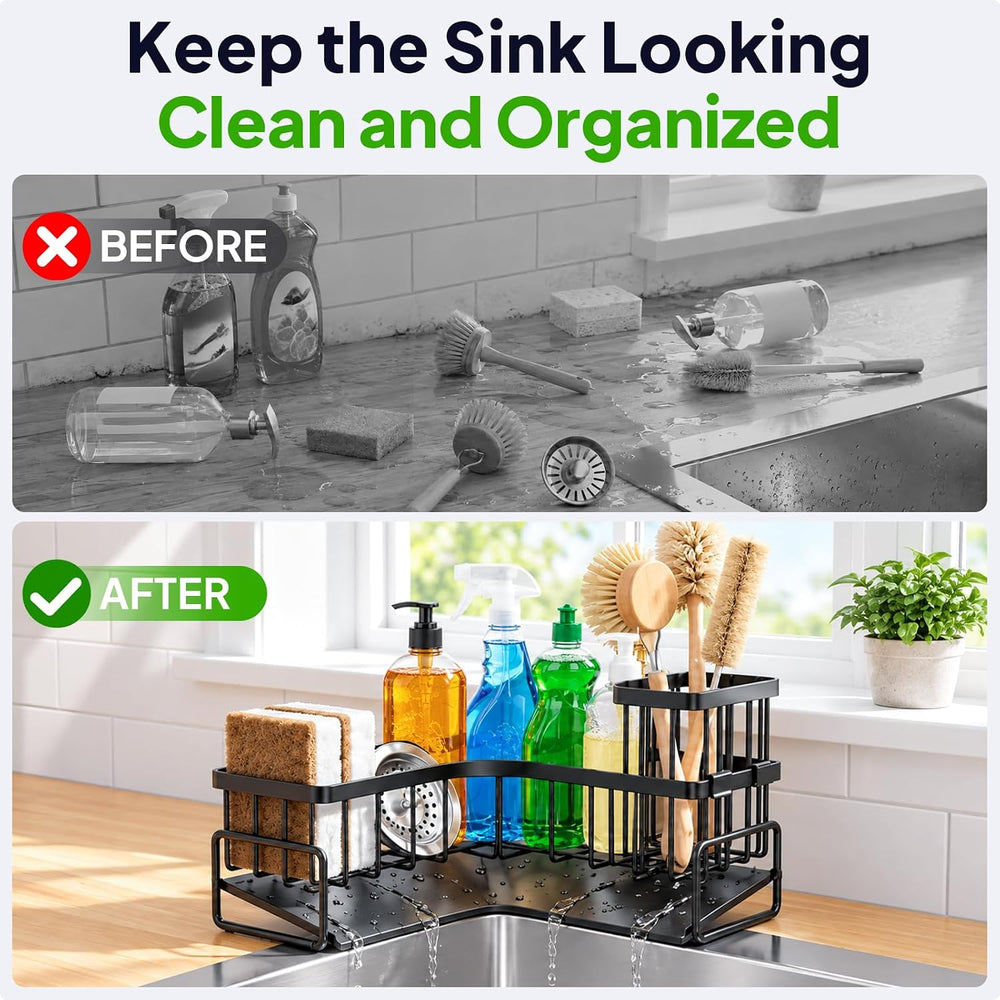 Large Sponge Holder for Kitchen Sink: L-Shaped Sink Caddy with Brush Holder