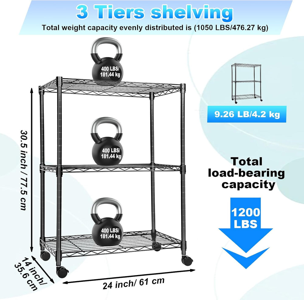Whitmor 3 Tier Storage Shelves, Heavy Duty with Wheels, Adjustable Wardrobe R...