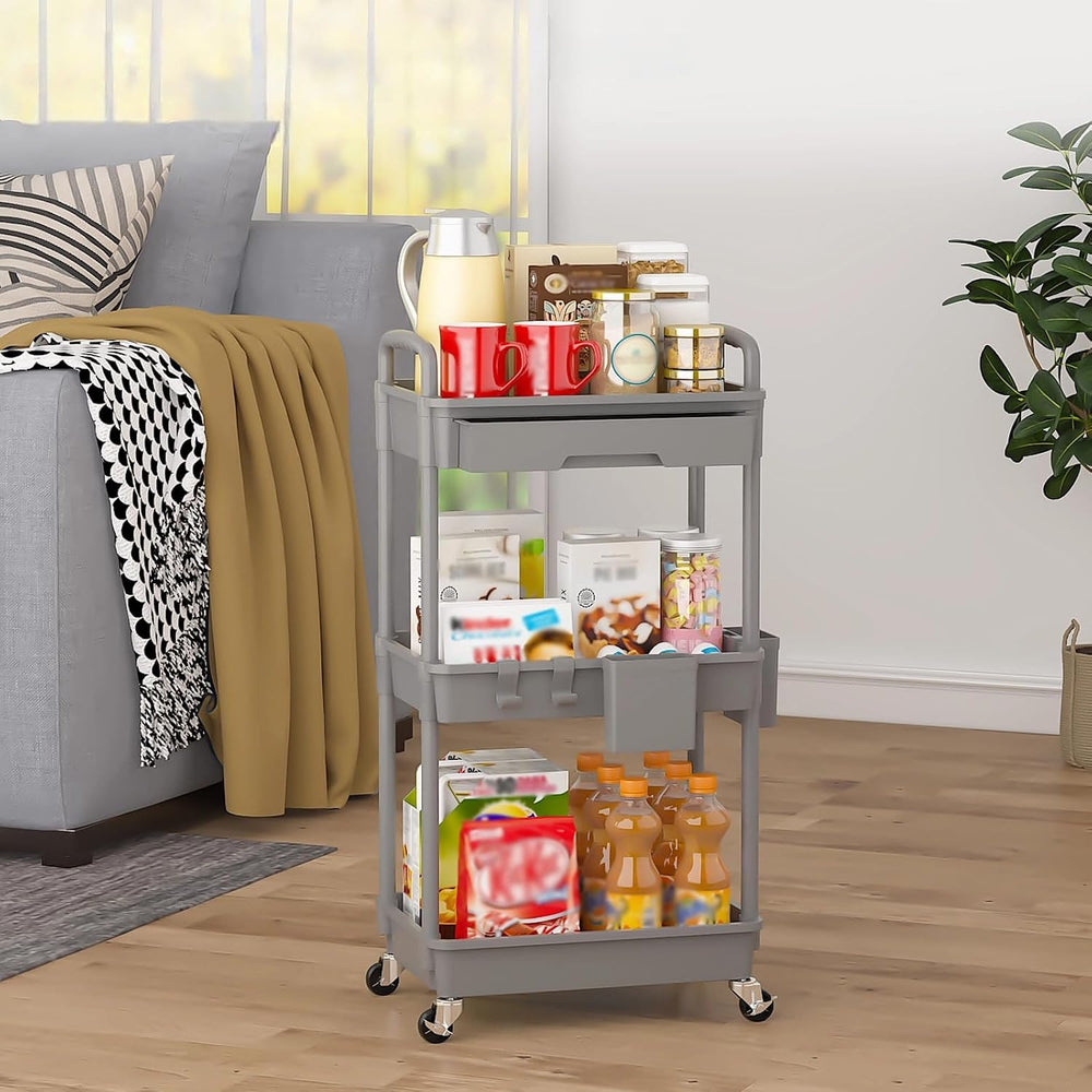 3 Tier Rolling Utility Cart with Drawer, Plastic Storage Organizer Rolling Ca...