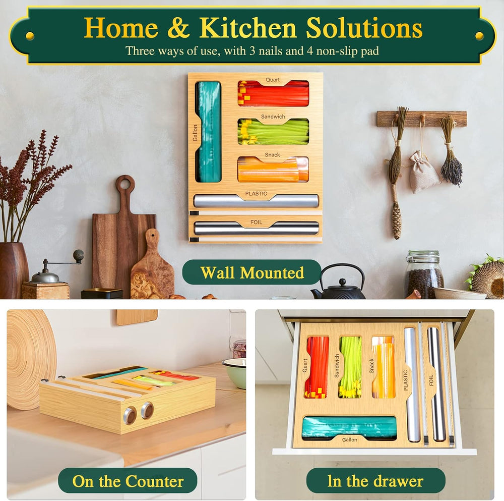 KOCWELL Bag Organizer and Plastic Wrap Dispenser with Cutter, 6 In 1 Bamboo F...