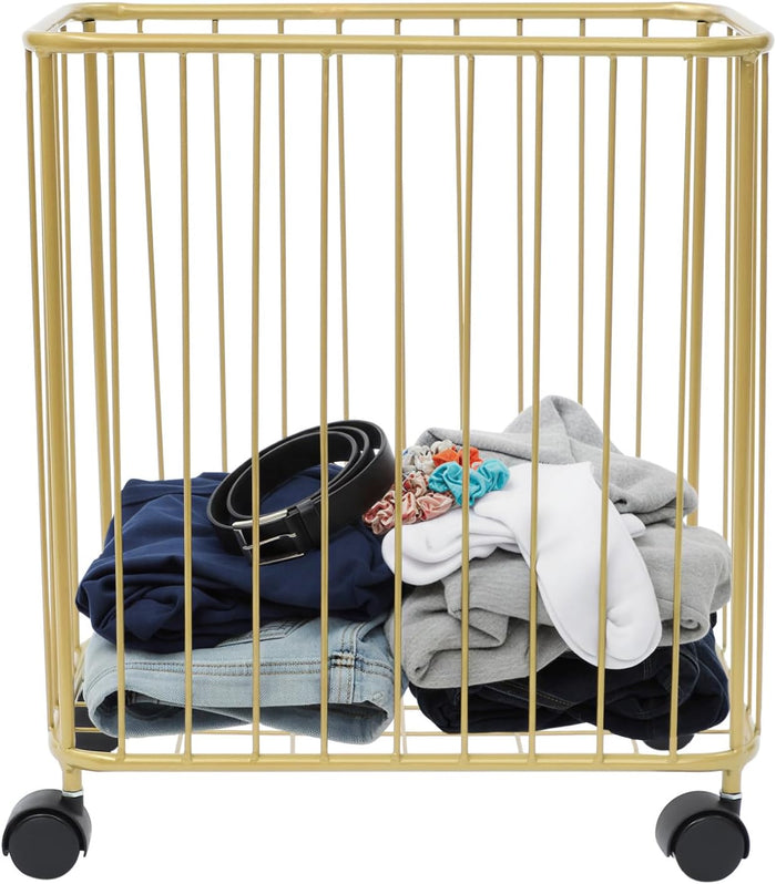 Rolling Laundry Hamper, Large-size Metal Laundry Basket Cart w/Wheels, Wheeled Clothing Hamper for Home, Hotel, Mall, Bathroom, Bedroom and Commercial Laundries (Gold)
