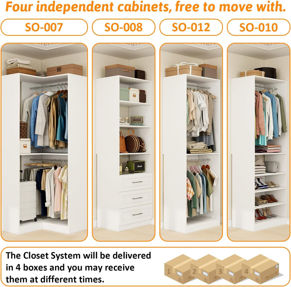 Closet Organizer System of 4 Sets with 3 Drawers, 9 Hanging Rods & 8 Shel...