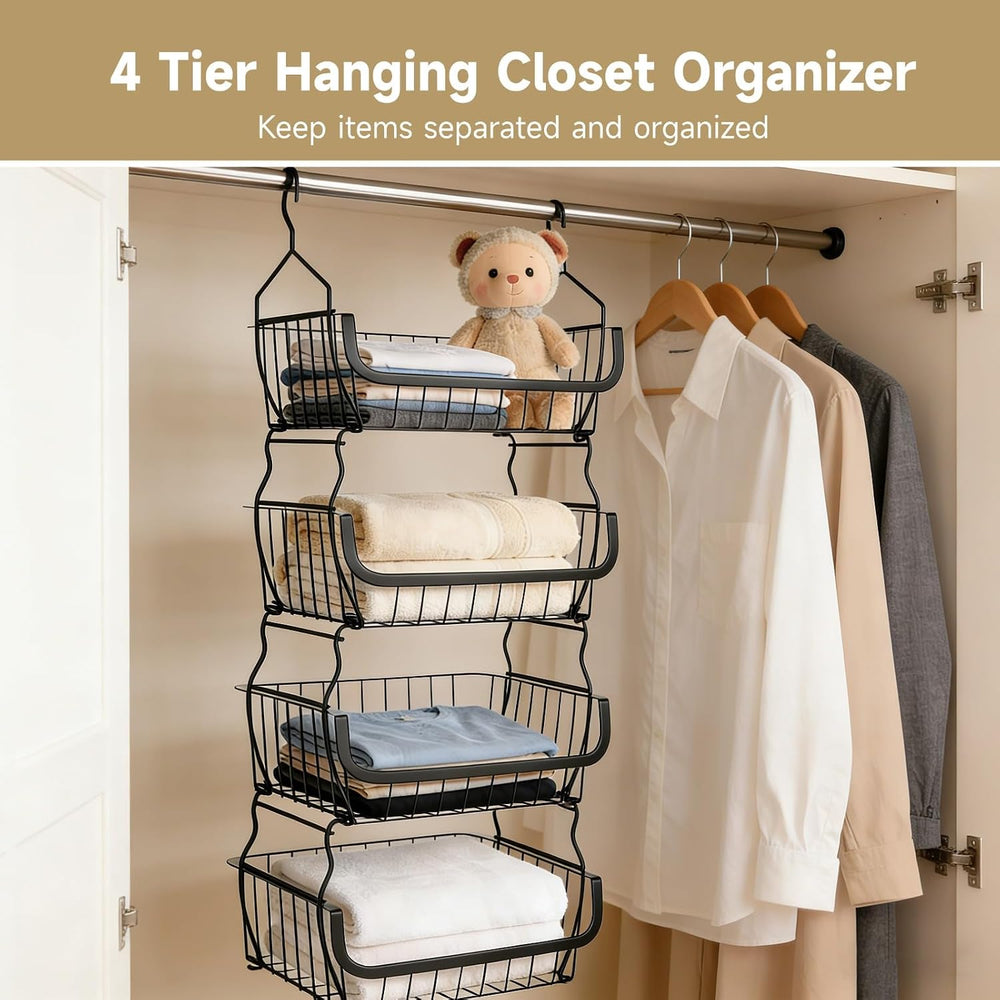 4 Tier Hanging Closet Organizer, 36.2 x 15 x 11 in Carbon Metal Hanging Stora...
