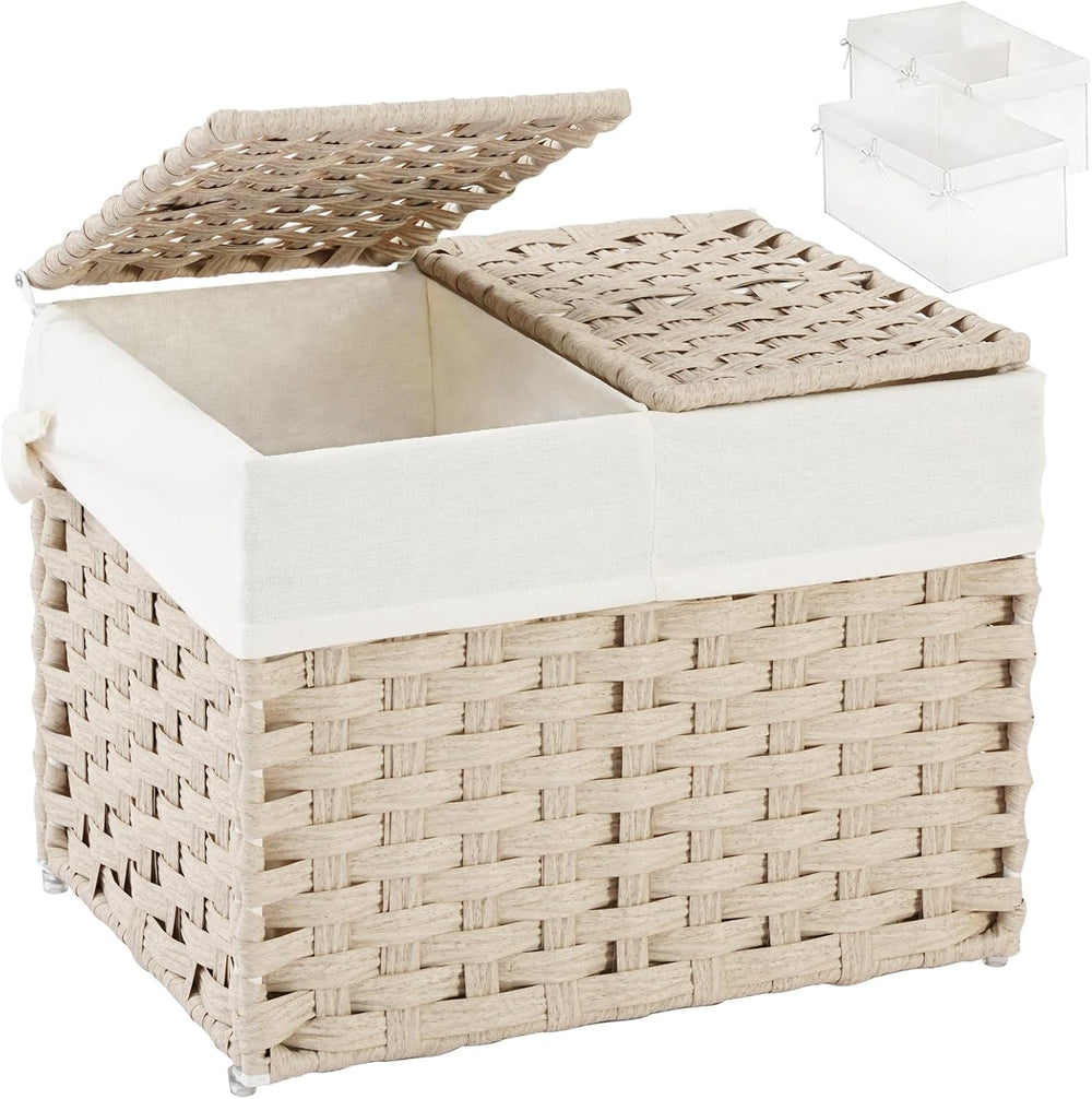 SETVSON Storage Basket with Lid, 2-Lid PE Rattan Storage Bin, Light Khaki