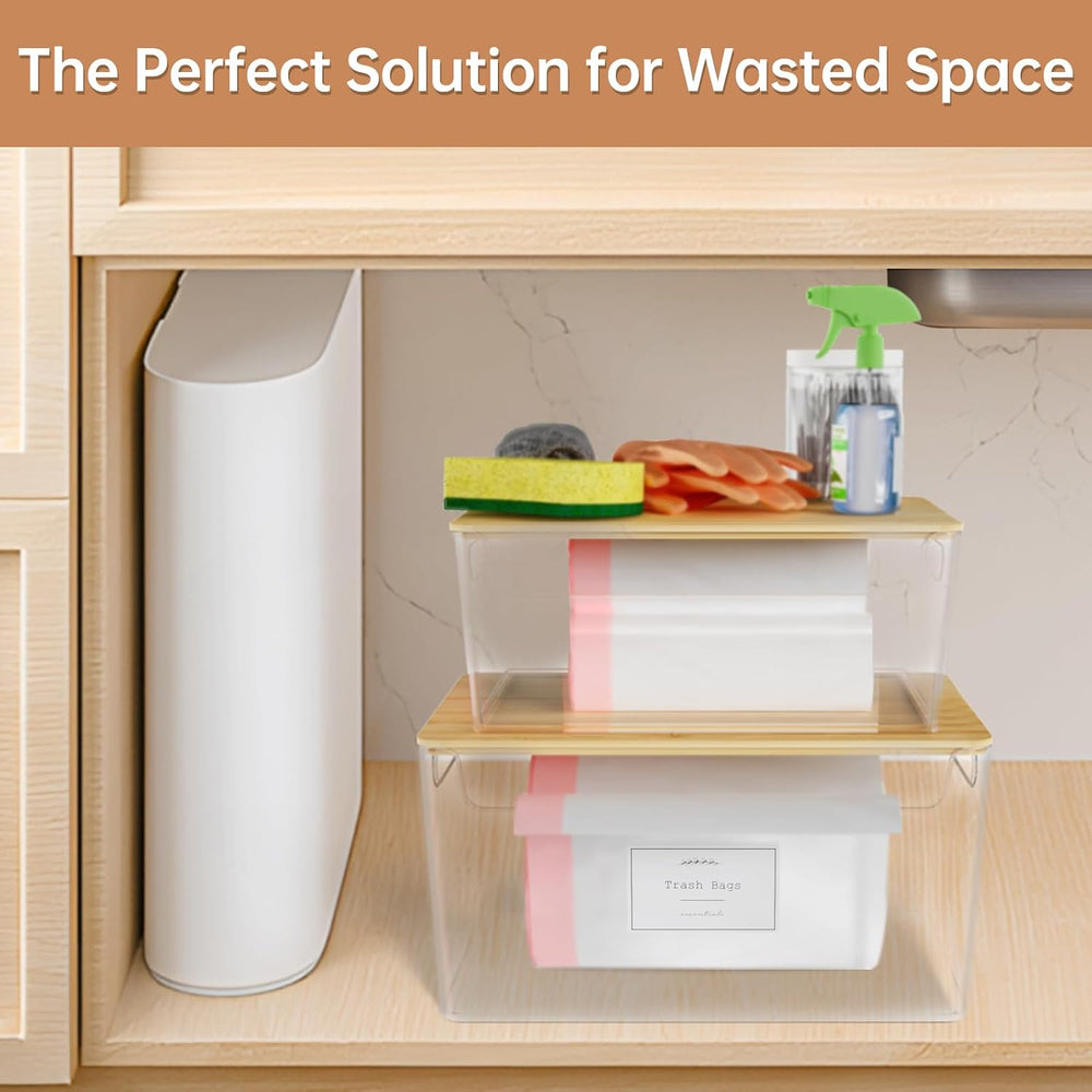 2 Pack Stackable Plastic Trash Bag Holder with Bamboo Lid Under Sink