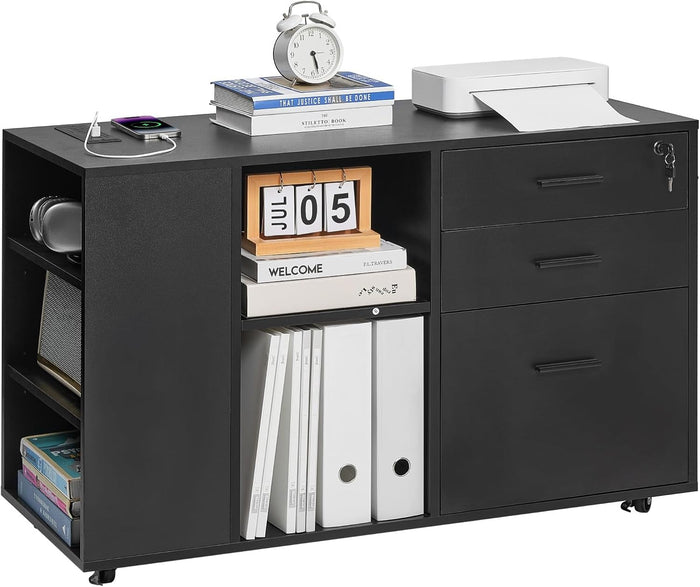 VEVOR 3 Drawer Wooden File Cabinet, Mobile Filing Cabinet with Power Strip, Lockable Rolling File Storage with Adjustable Shelves & 5 Wheels, Floor Standing Printer Stand for Home Office School, Black