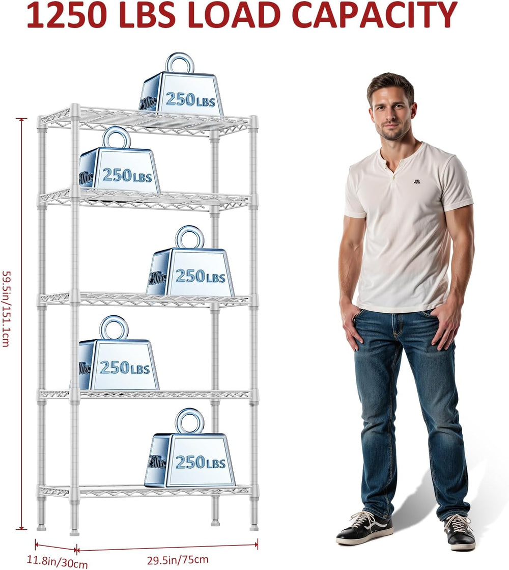 IZEUK 5 Tier White Metal Storage Shelves, Heavy Duty Wire Shelving Rack for G...