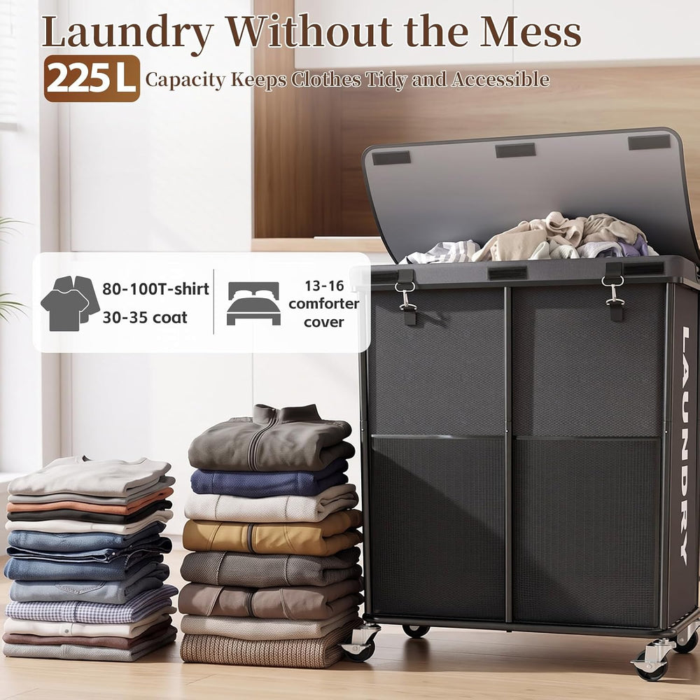Laundry Hamper with Wheels and Lid, 225L Large Rolling Laundry Basket Gray