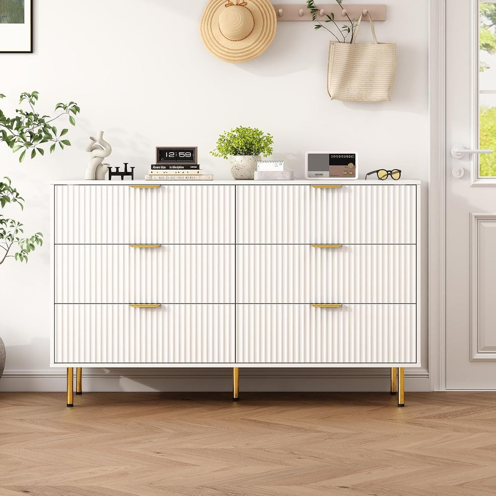 56" Wide Modern White Fluted 6 Drawers Dresser for Bedroom with Gold Handle