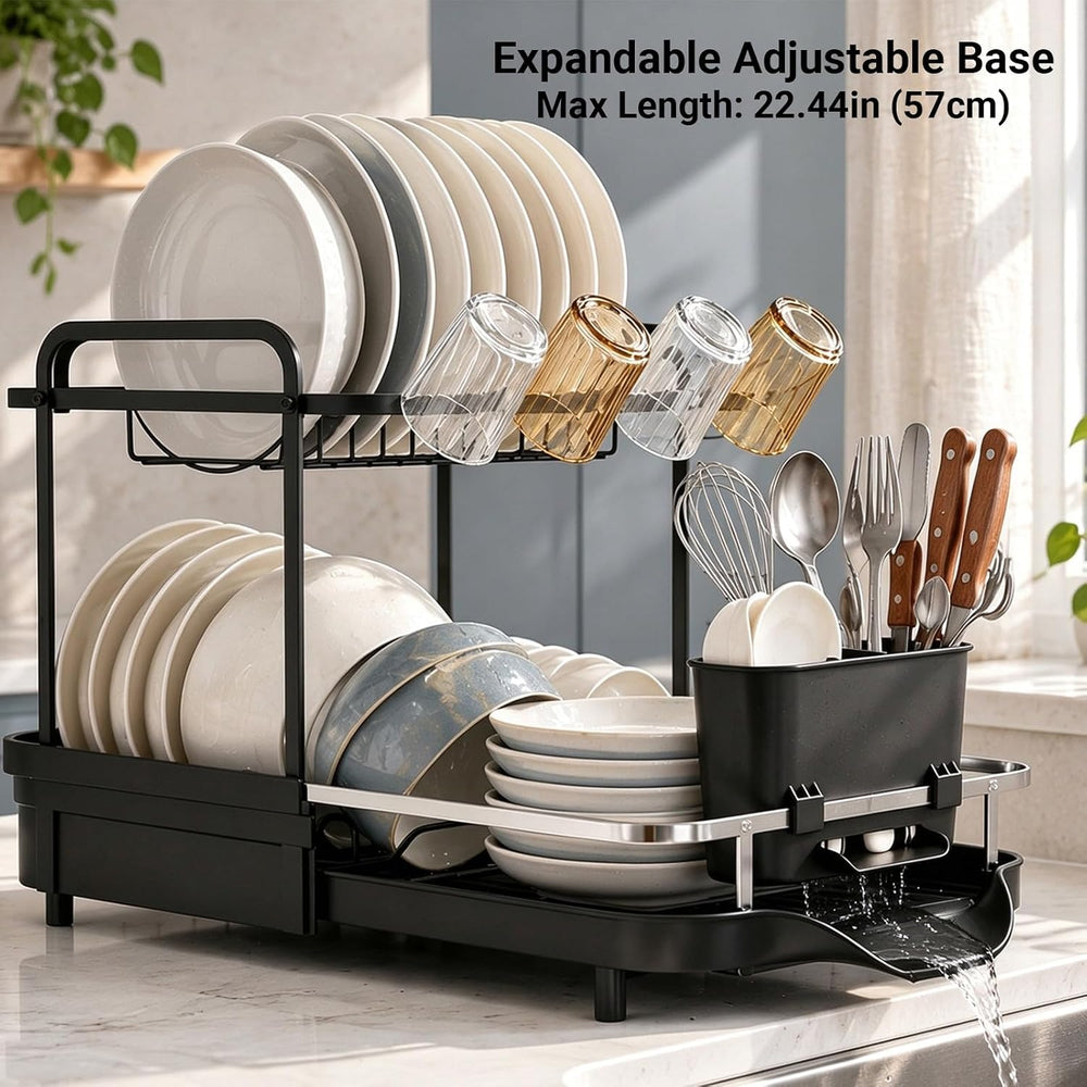 Dish Drying Rack for Kitchen Counter, Expandable 2-Tier Dish Drainer