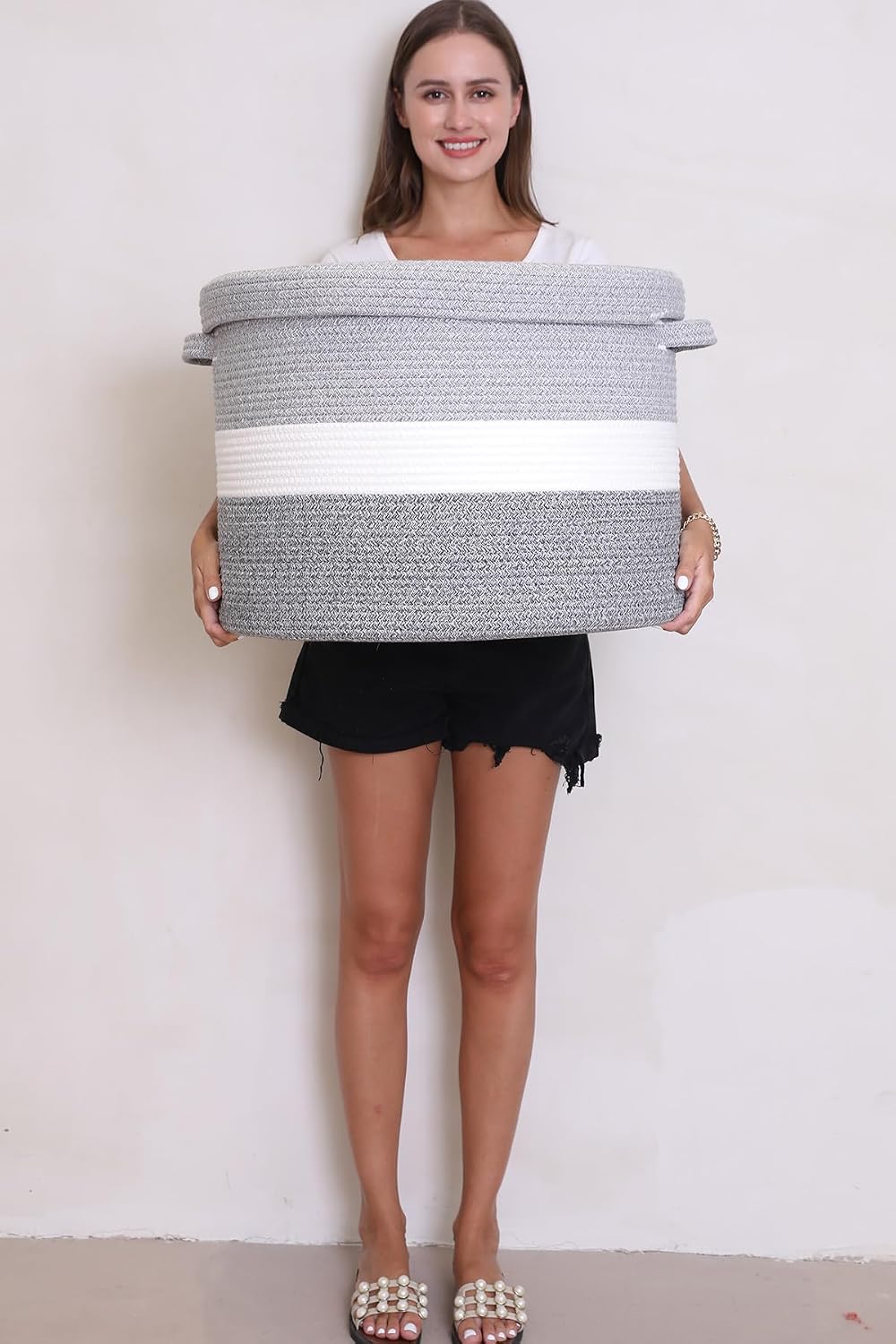 20x15 Inch Extra Large Round Cotton Rope Storage Basket with Lid, Decorative ...