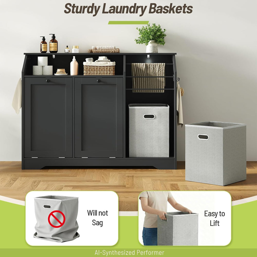 43.3" Laundry Hamper Cabinet, Double Tilt-Out Laundry Hamper with 4 Hook...
