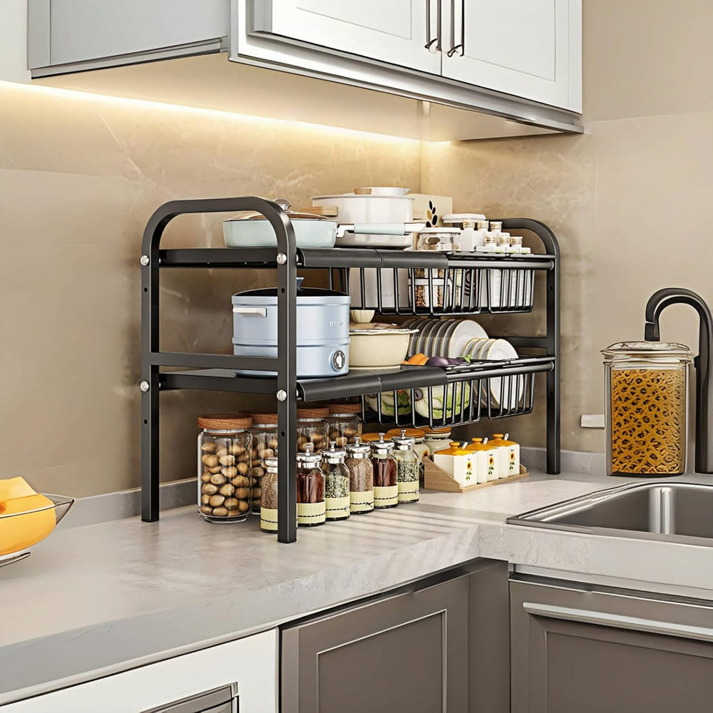 Under Sink Organizer，2 Tier Expandable Heavy Duty Metal Shelf，with 5 Removabl...