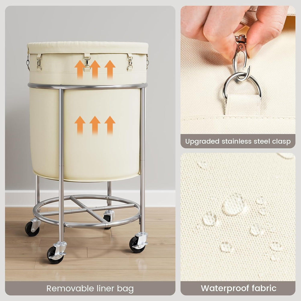 ELYKEN 190L Laundry Basket with Wheels, Steel Frame, Removable Bag, Cream