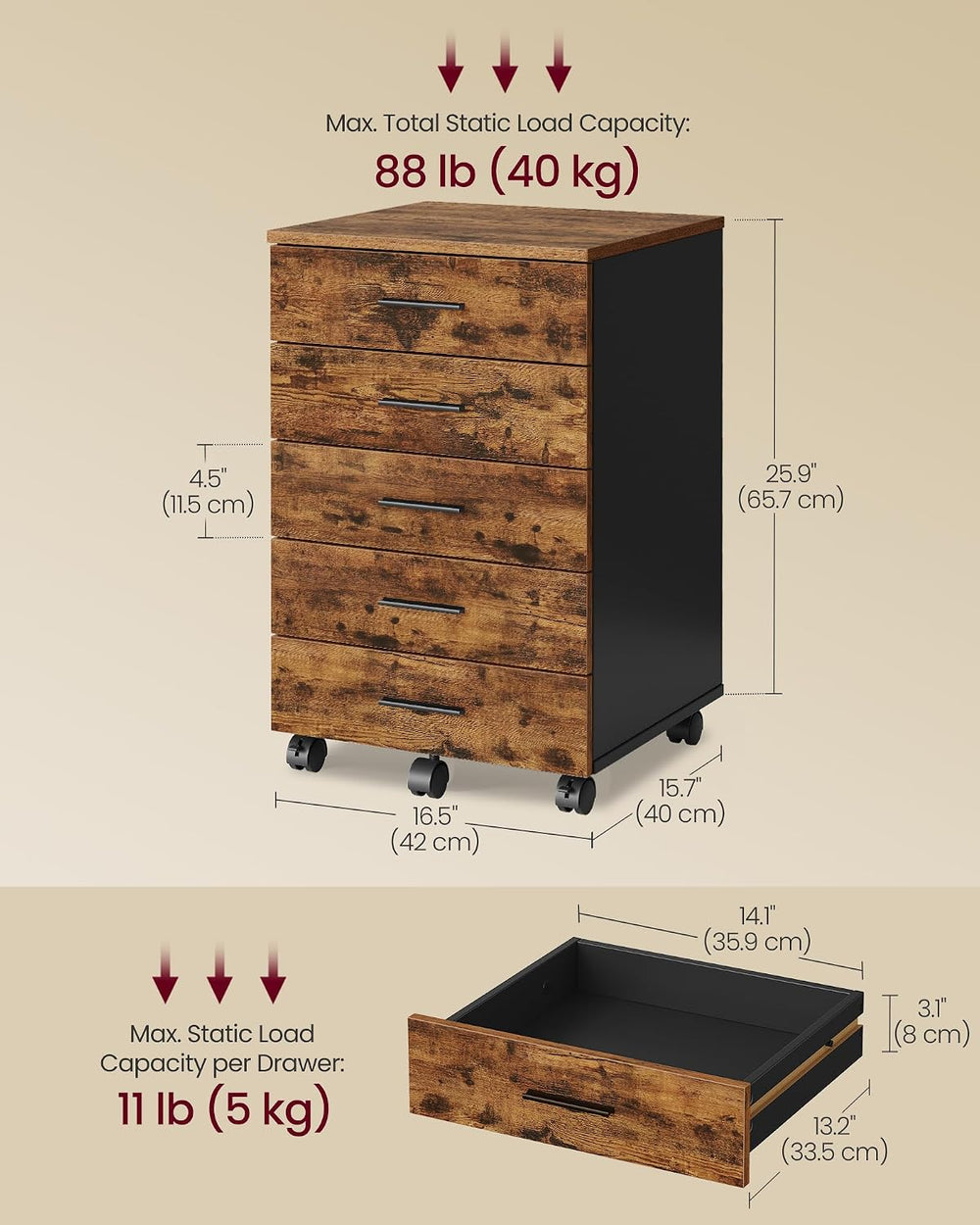 VASAGLE File Cabinet, Mobile Pedestal Filing Cabinet with Wheels