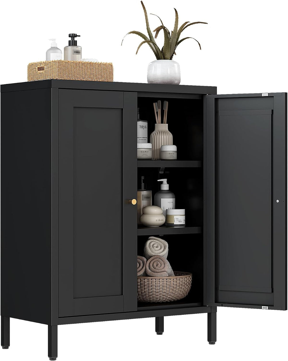 Bevivog Small Bathroom Storage Cabinet, Black Metal Locker Cabinet with 2 Doo...