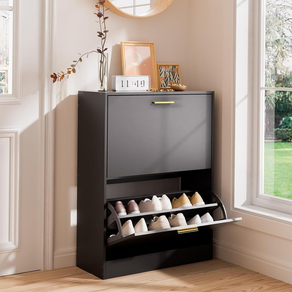 LYNSOM Modern Entryway Shoe Cabinet with 2 Flip Drawers and Top Display, Blac...