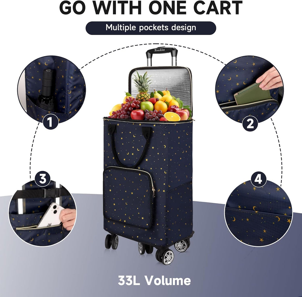 TAMACART Shopping Cart on 5 Swivel Wheels, Foldable Grocery Cart with Removab...