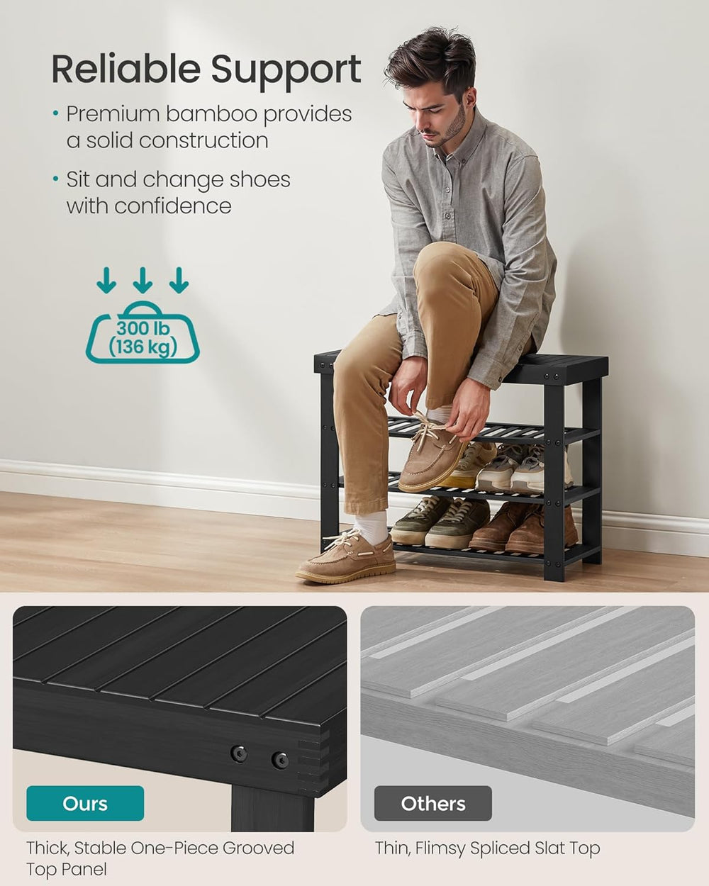 SONGMICS Shoe Rack Bench, 4 Tier Bamboo, 11.3 x 27.6 x 20.5 Inches