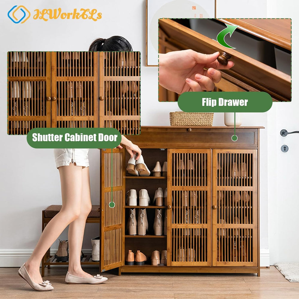 Bamboo Shoe Storage Cabinet with Drawer and Wide Top,5-Tier Shoe Storage Cabi...
