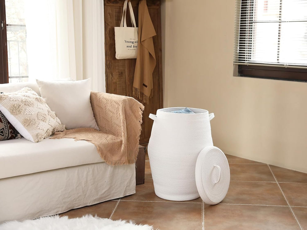 26"x20" Extra Large Tall Woven Laundry Basket with Lid, Cotton Rope...