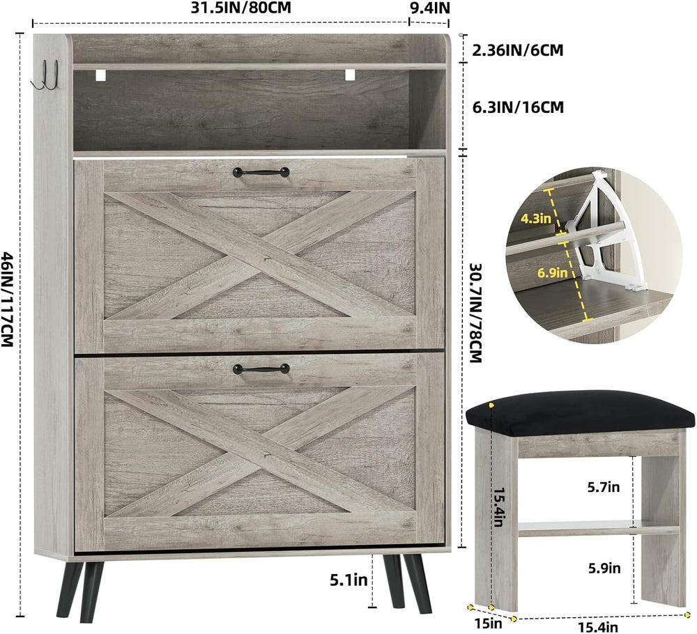 EOYUTLLY Shoe Cabinet with Bench, Shoe Organizer Cabinet with 2 Flip Drawers ...