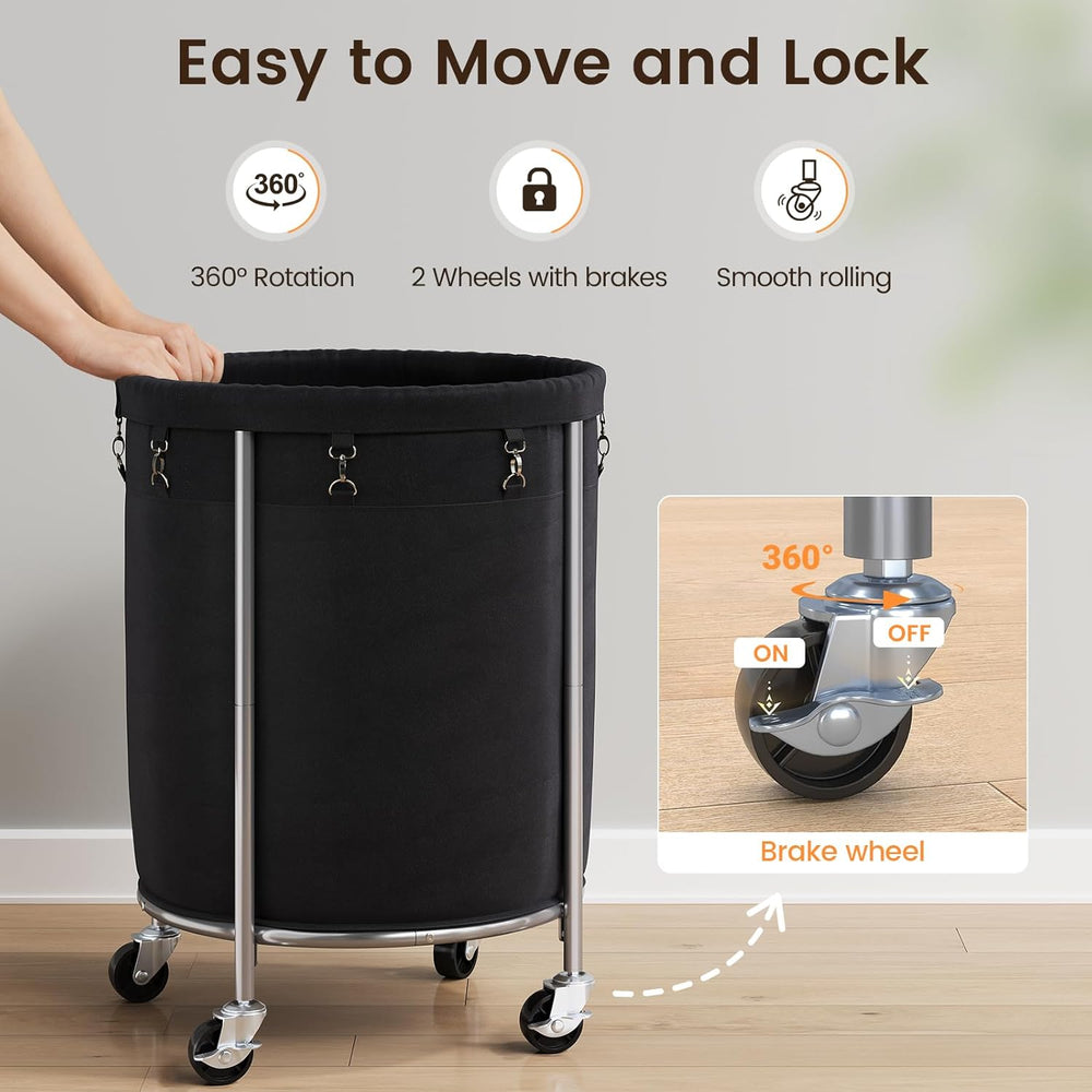 ELYKEN Laundry Basket with Wheels, Round Rolling Laundry Hamper, Black