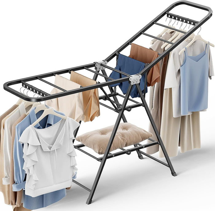 Clothes Drying Rack, Foldable Laundry Drying Rack with Reinforced Steel Tubes, Height-Adjustable Gullwing Clothes Airer, Space Saving Indoor Drying Rack for Apartments, Balconies, Laundry Rooms, Black