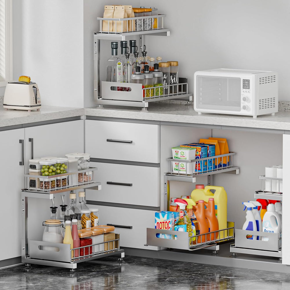 2-Pack L-Shaped Under Sink Organizer, 2-Tier Pull-out Cabinet Rack