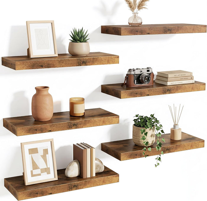 Fixwal Floating Wall Shelves for Decor (Rustic Brown, Set of 6, 15.7 Inch)