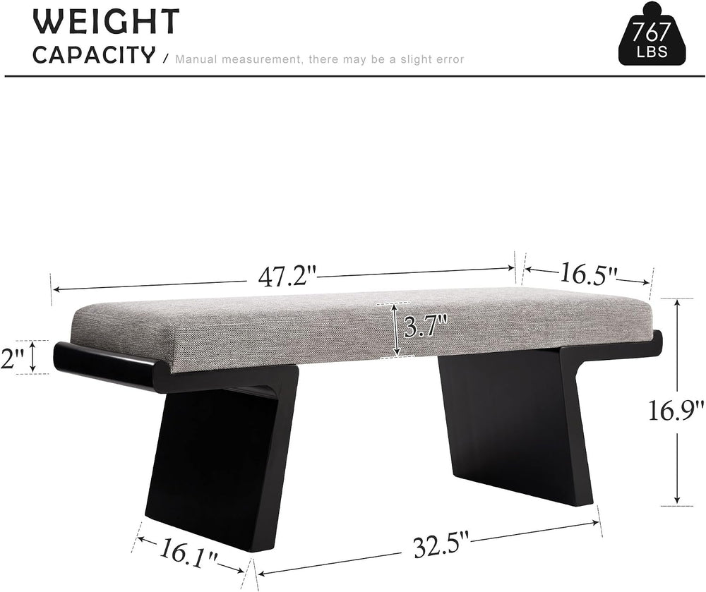 47.2" Black Wood Bedroom Bench, Upholstered Entryway Bench, Linen