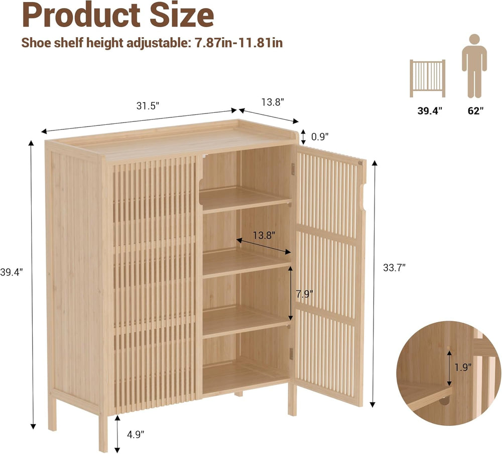 Shoe Storage Cabinet for Entryway, 5-Tier Bamboo Shoe Organizer with Doors