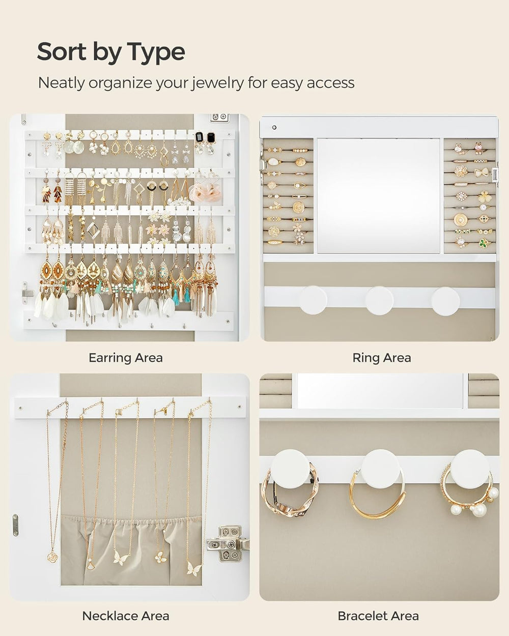 SONGMICS Jewelry Organizer, LED Jewelry Cabinet, Wall/Door Mounted