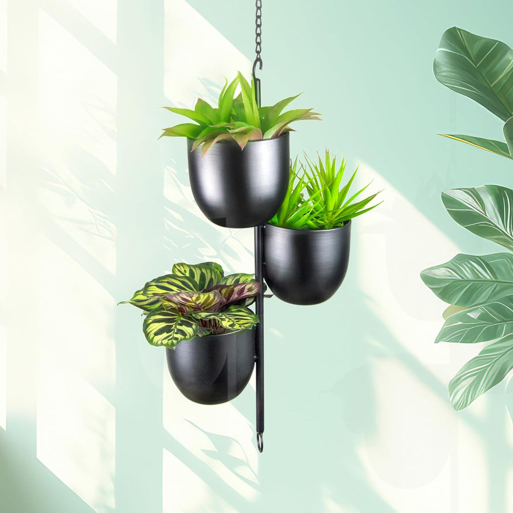 3-Tier Metal Hanging Planter with 6 Inch Oval Pots - Black Modern Triple Tier...