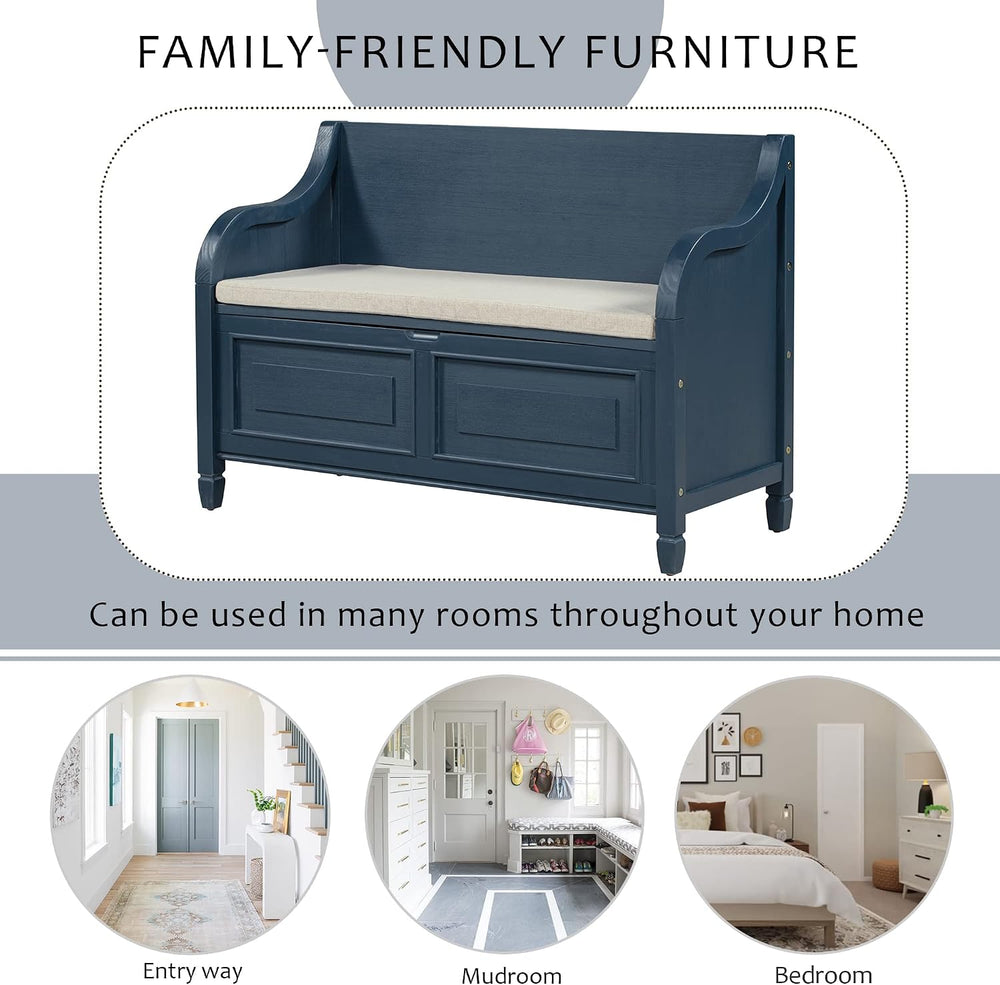 P PURLOVE 42 Inch Rustic Style Storage Bench,Antique Navy and Beige