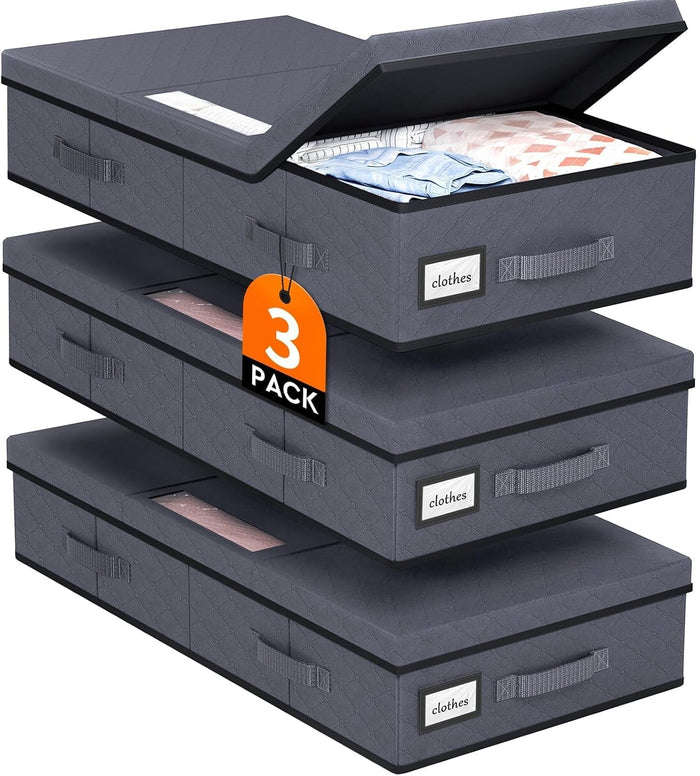 StoreHappily Under Bed Storage Containers with Lids, 3 Pack Foldable Grey