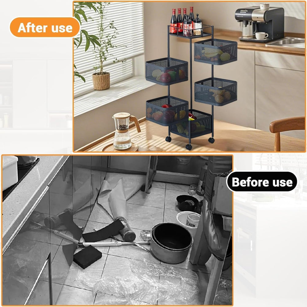 5 Tier Rotating Rolling Storage Cart with Top Lid & 360° Wheels, Metal Me...