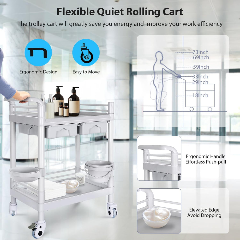Medical Mobile Trolley Cart 2-Shelf 220 LBS Max Load Rolling Utility Cart