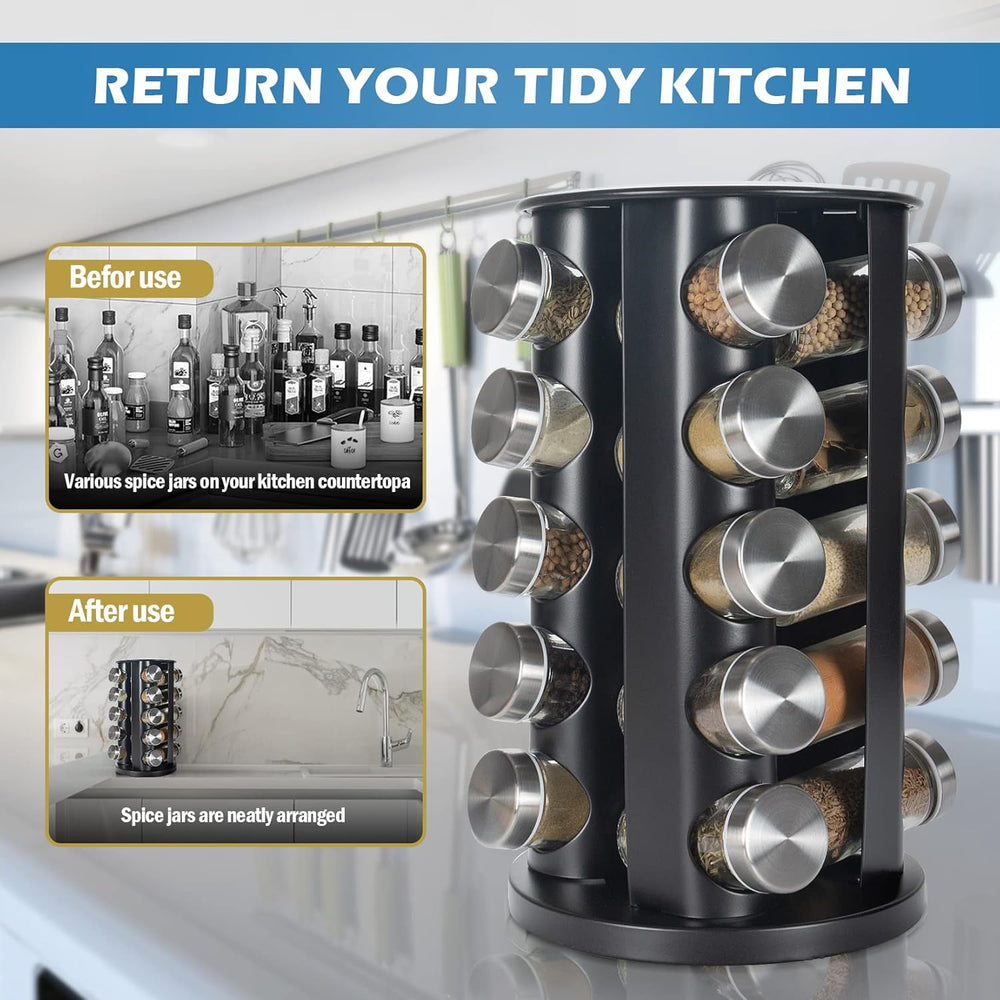 Tianifa Black Countertop Revolving Spice Rack, Empty 20-Jars Rotating Spice R...