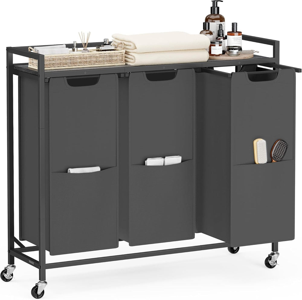 VASAGLE Laundry Sorter 3 Section, Rolling Cart with Shelf 43.5 Gal. (165 L)